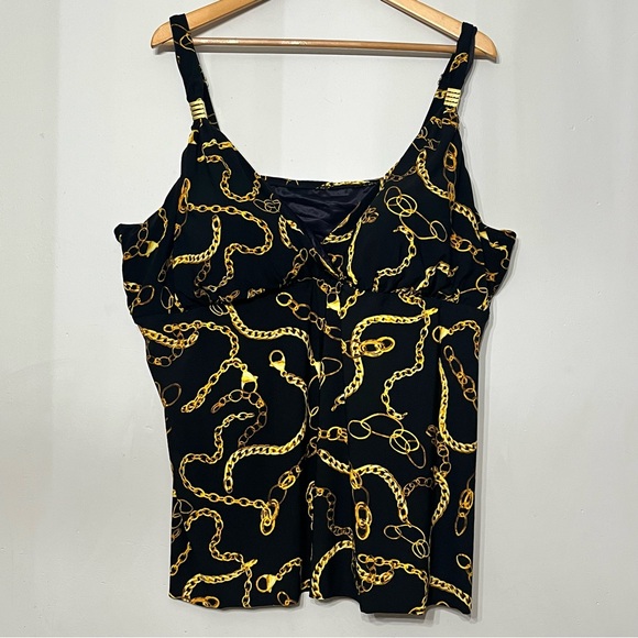 Trimshaper Swimsuit Tankini‎ 26W Black w/ Gold Chains Padded Old Money Mobwife - Picture 1 of 7